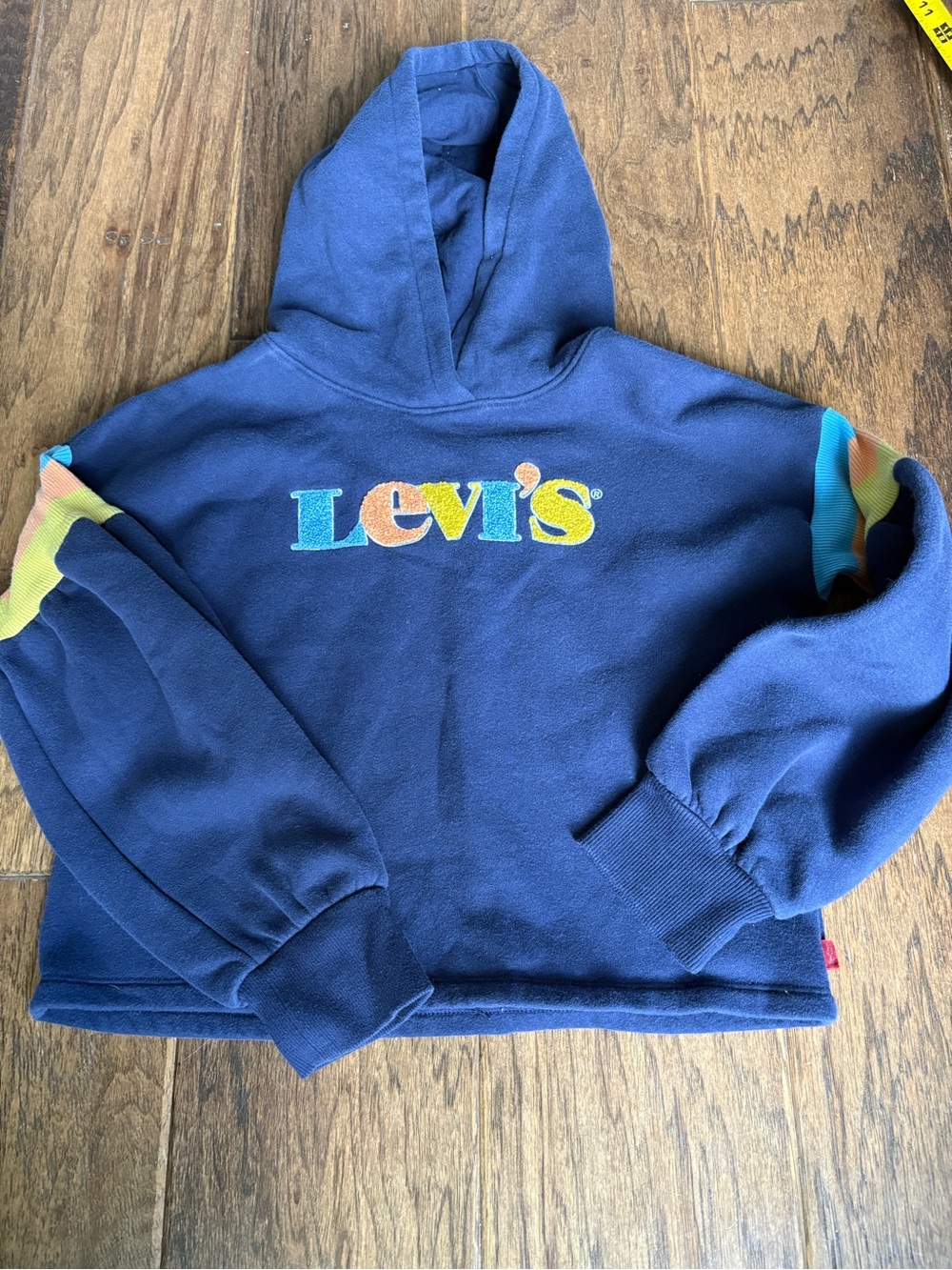 Levi's Navy Hoodie with Multicolor Logo and Stripe Accents